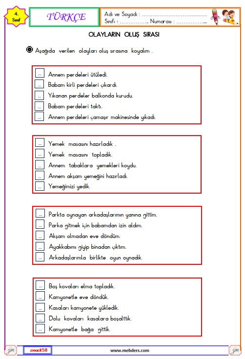 4. Sınıf Türkçe Olayların Oluş Sırası Etkinliği 1